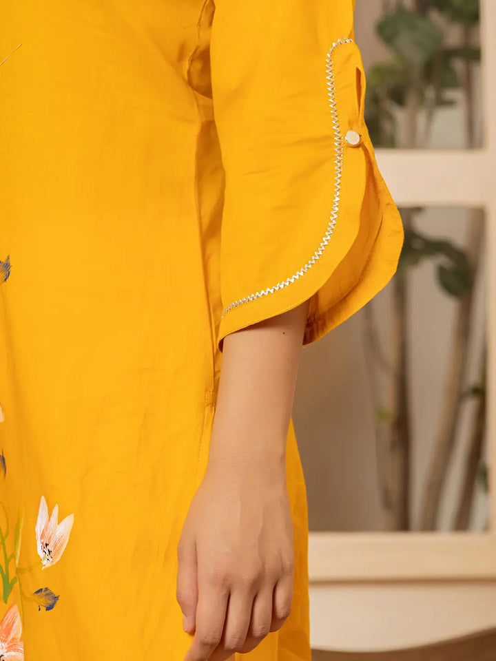 Mustard Hand Painted Straight Kurta-Yufta Store-6978KURMSS