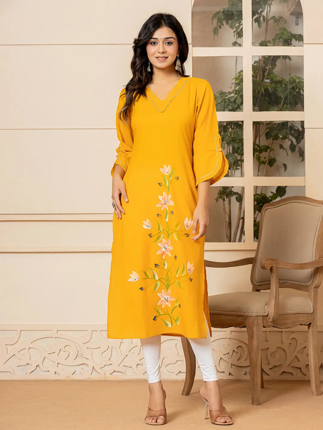 Mustard Hand Painted Straight Kurta-Yufta Store-6978KURMSS