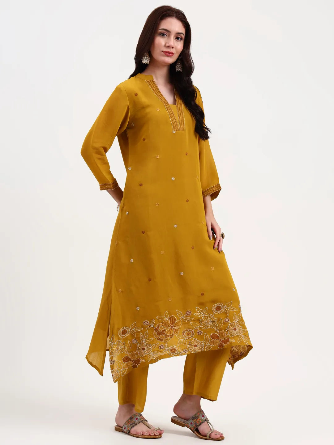 Mustard Kantha Work Chanderi Silk A-Line Kurta Trouser Dupatta Set