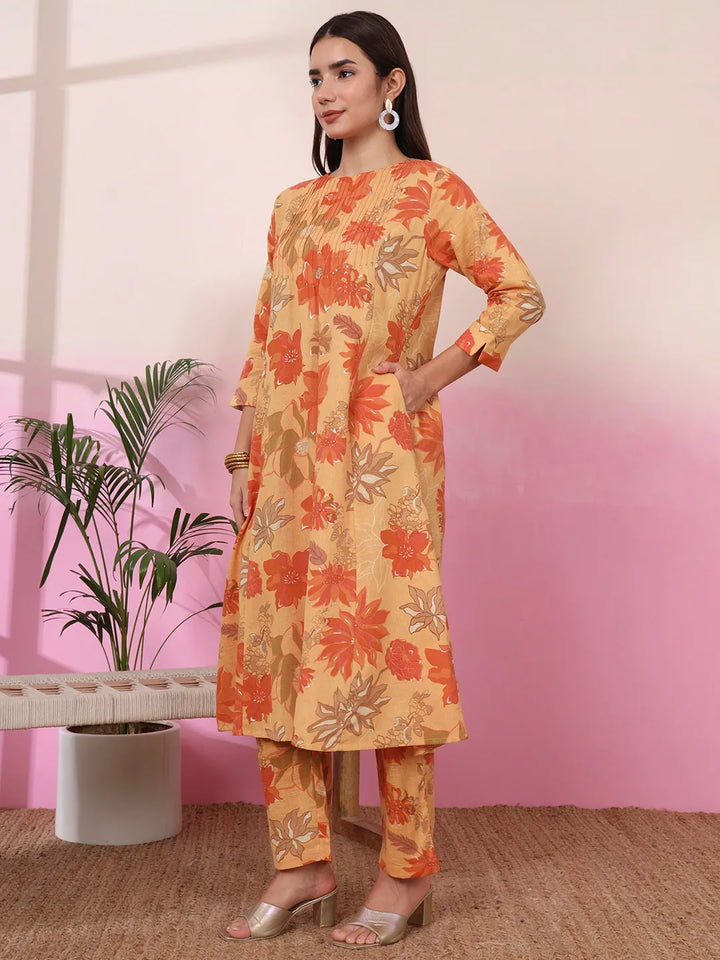 Mustard Linen A Line Pintucks Kurta Pant
