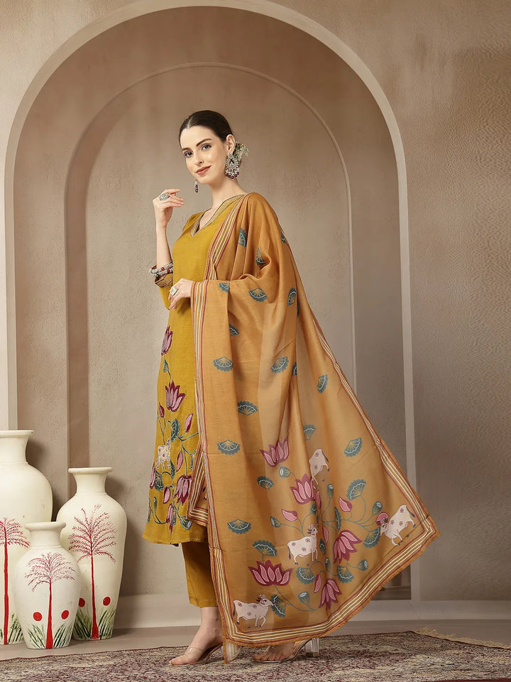 Mustard Mul Chanderi Silk Floral A-Line Kurta Trouser Dupatta Set