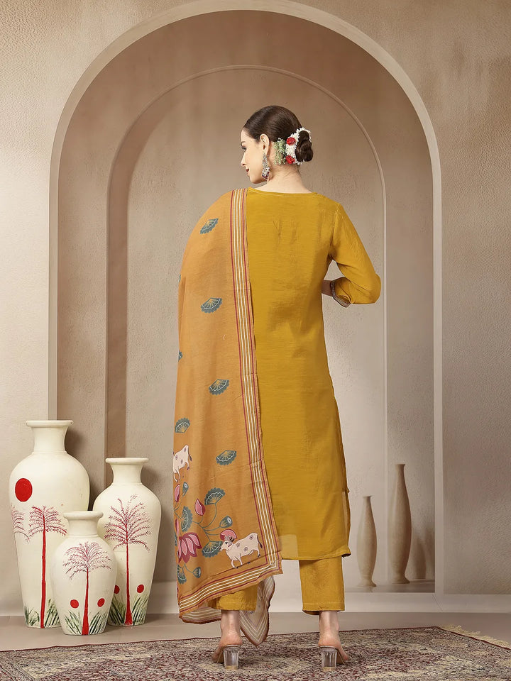 Mustard Mul Chanderi Silk Floral A-Line Kurta Trouser Dupatta Set