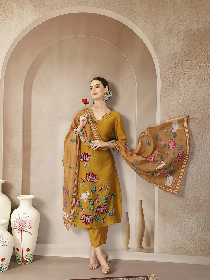 Mustard Mul Chanderi Silk Floral A-Line Kurta Trouser Dupatta Set