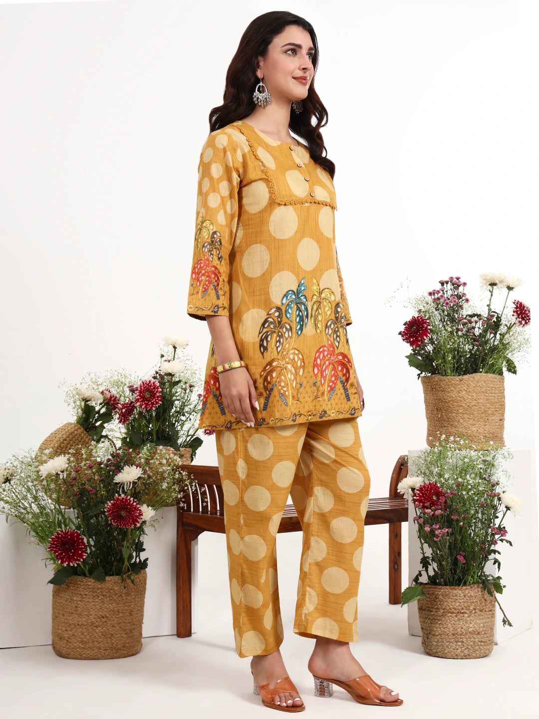 Mustard Polka Dot Printed Cotton Co-Ord Set-Yufta Store-7495CRDMSM