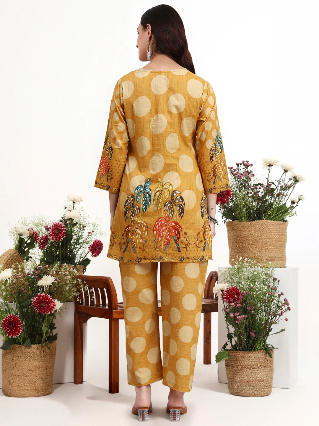 Mustard Polka Dot Printed Cotton Co-Ord Set-Yufta Store-7495CRDMSM