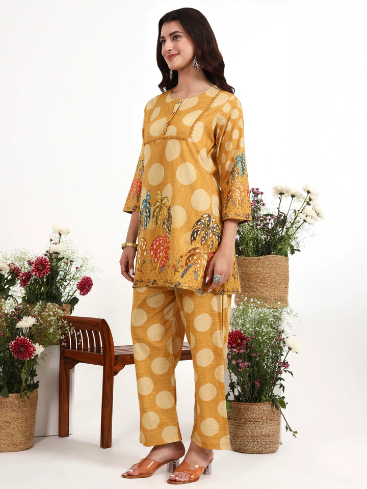 Mustard Polka Dot Printed Cotton Co-Ord Set-Yufta Store-7495CRDMSM