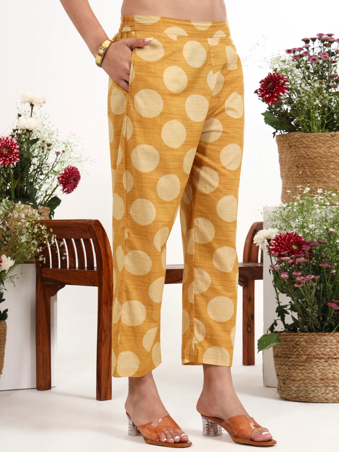 Mustard Polka Dot Printed Cotton Co-Ord Set-Yufta Store-7495CRDMSM