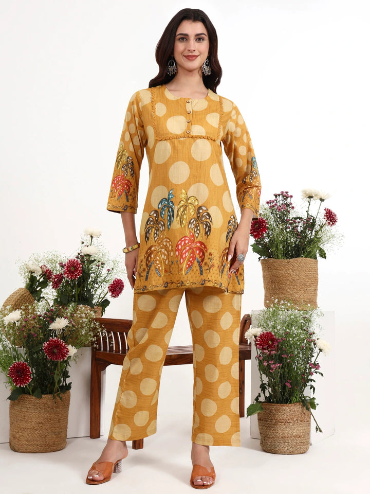 Mustard Polka Dot Printed Cotton Co-Ord Set-Yufta Store-7495CRDMSM