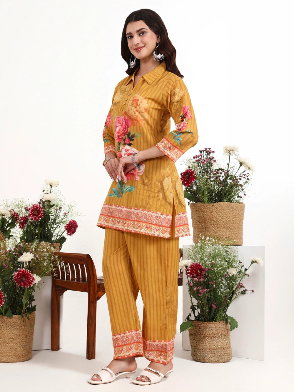 Mustard Printed Cotton Co-Ord Set-Yufta Store-7494CRDMSM