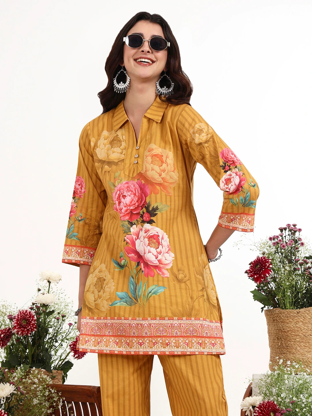 Mustard Printed Cotton Co-Ord Set-Yufta Store-7494CRDMSM