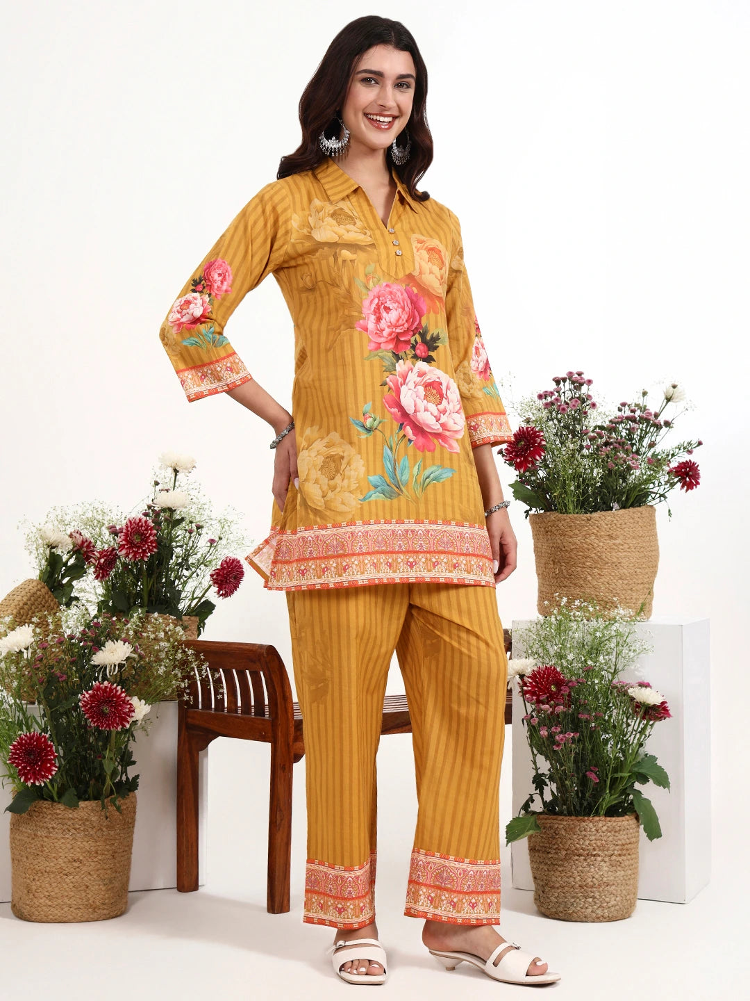 Mustard Printed Cotton Co-Ord Set-Yufta Store-7494CRDMSM