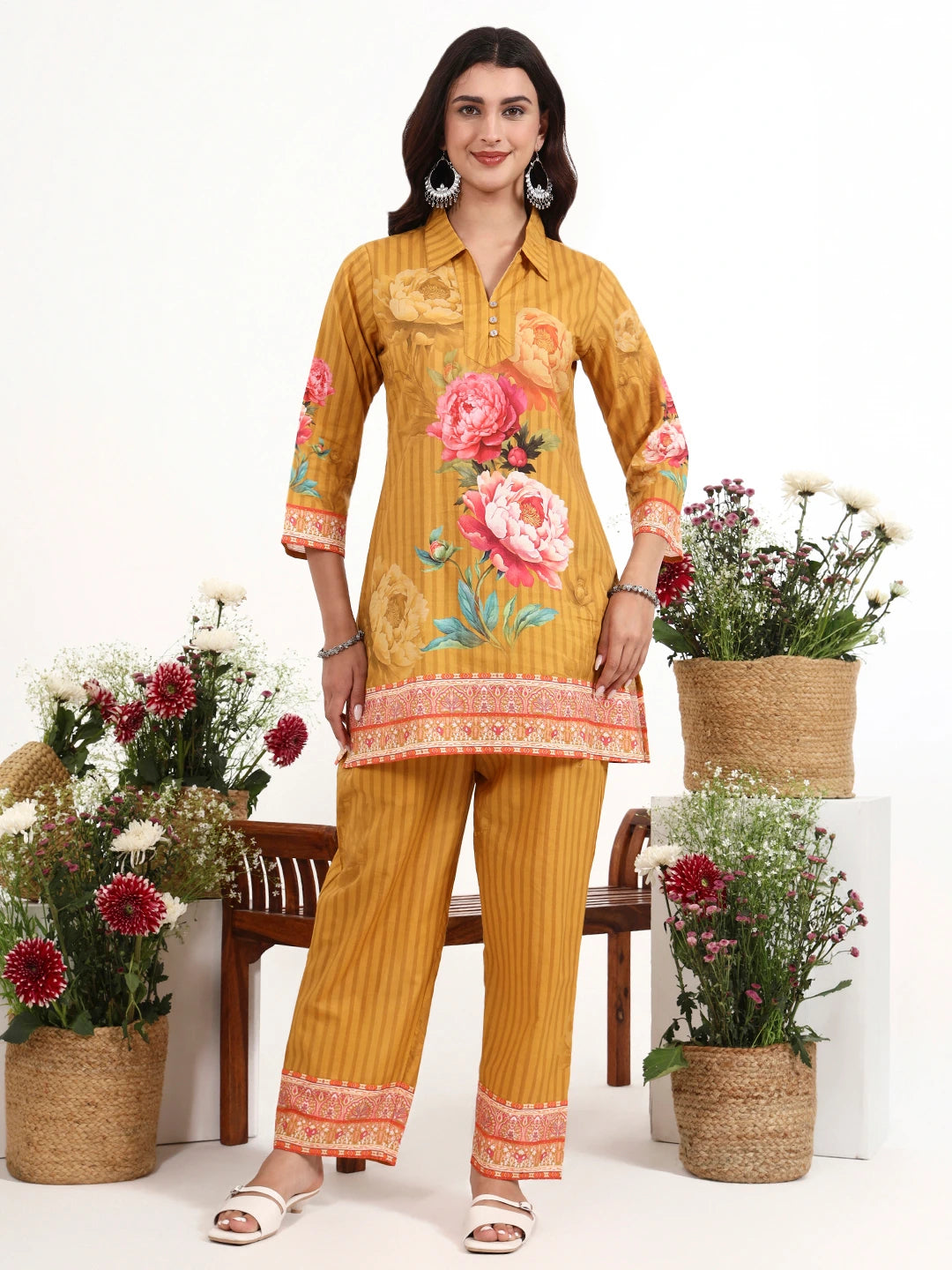 Mustard Printed Cotton Co-Ord Set-Yufta Store-7494CRDMSM
