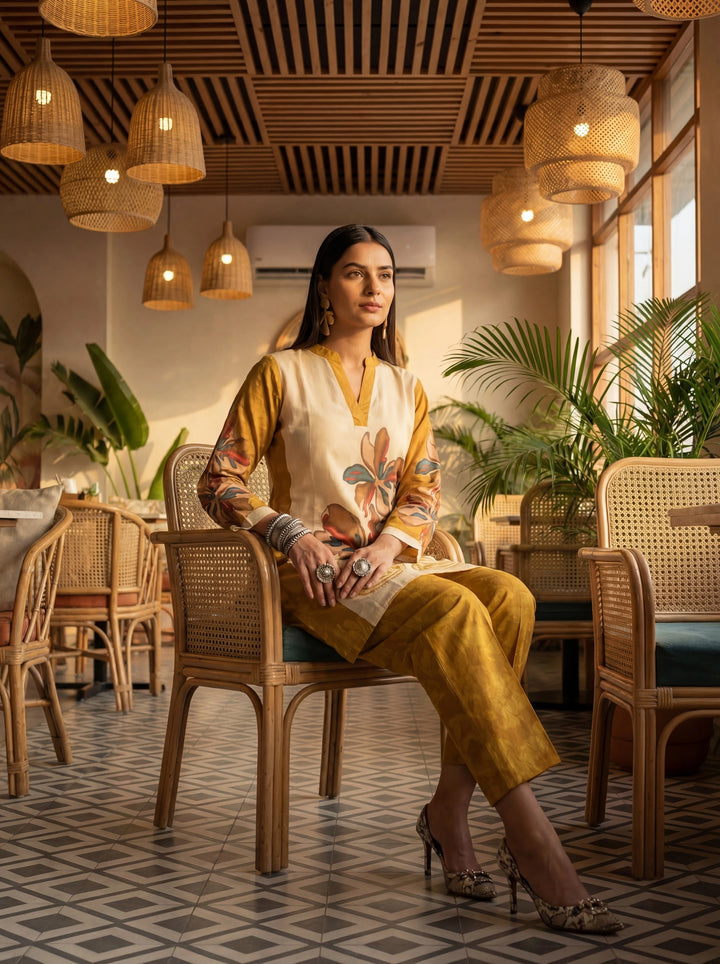 Mustard Printed Cotton Co-Ord Set-Yufta Store-7498CRDMSM