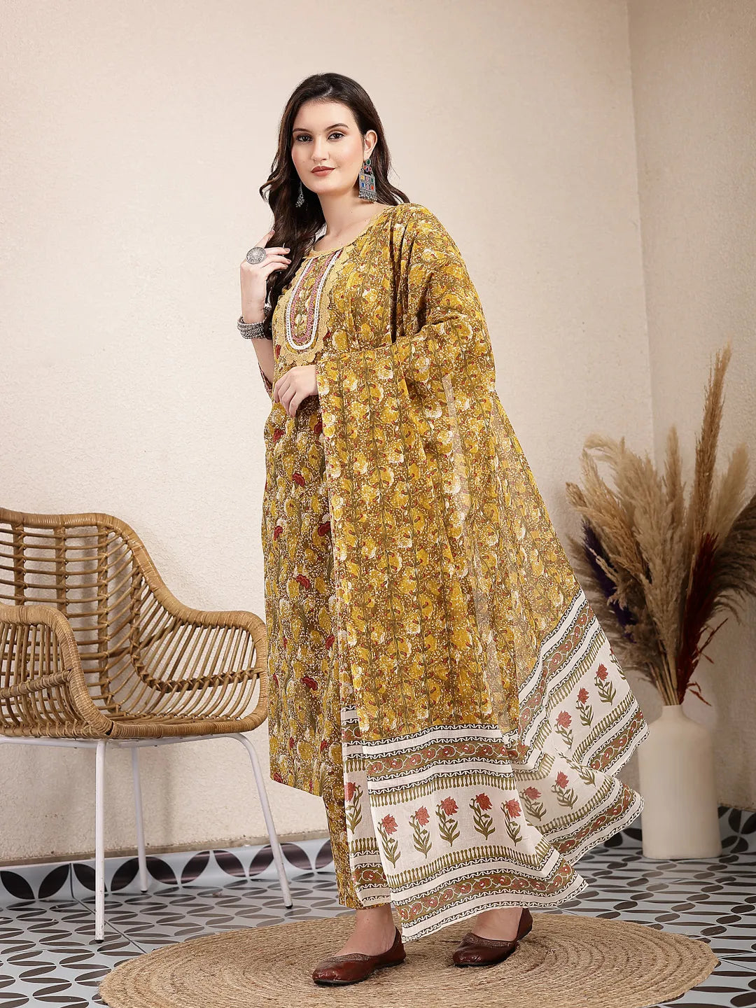 Mustard Pure Cotton Lace Work On Yoke Straight Kurta Dupatta Pant Set-Yufta Store-6437SKDMSM