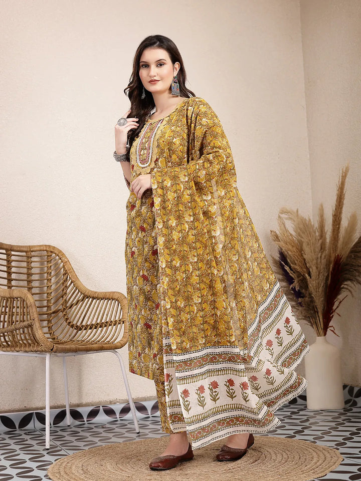 Mustard Pure Cotton Lace Work On Yoke Straight Kurta Dupatta Pant Set-Yufta Store-6437SKDMSM