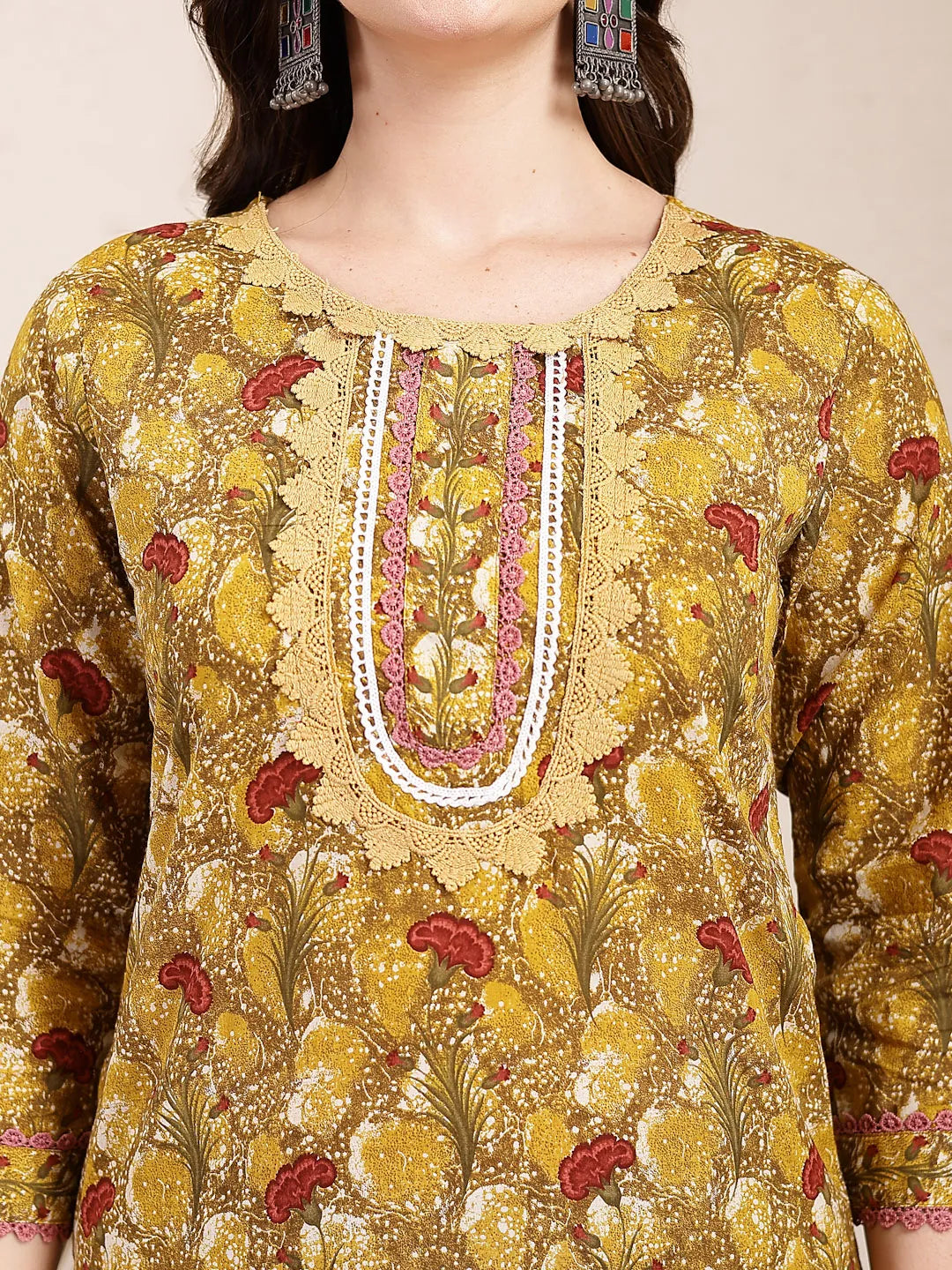 Mustard Pure Cotton Lace Work On Yoke Straight Kurta Dupatta Pant Set-Yufta Store-6437SKDMSM