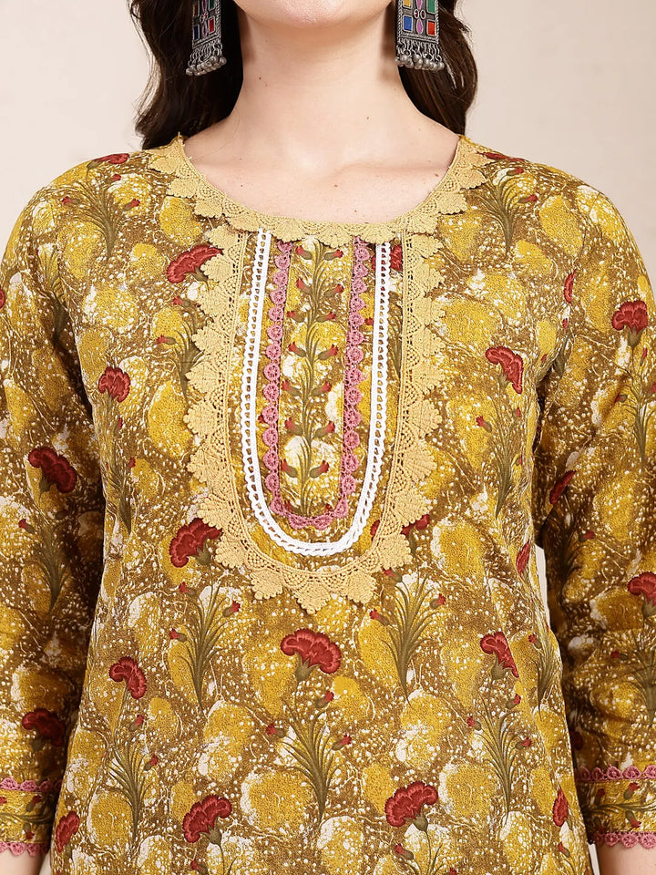 Mustard Pure Cotton Lace Work On Yoke Straight Kurta Dupatta Pant Set-Yufta Store-6437SKDMSM
