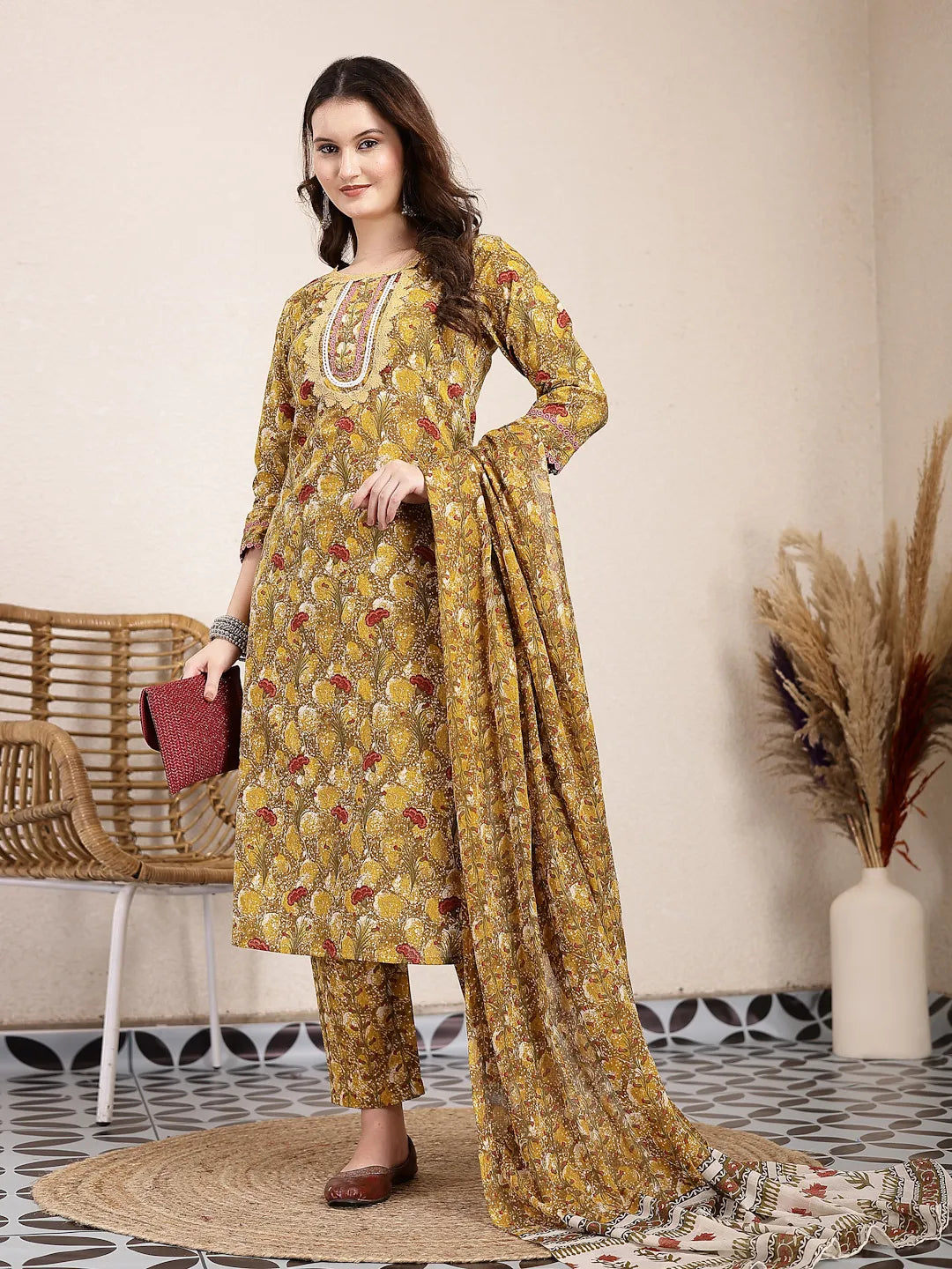 Mustard Pure Cotton Lace Work On Yoke Straight Kurta Dupatta Pant Set-Yufta Store-6437SKDMSM