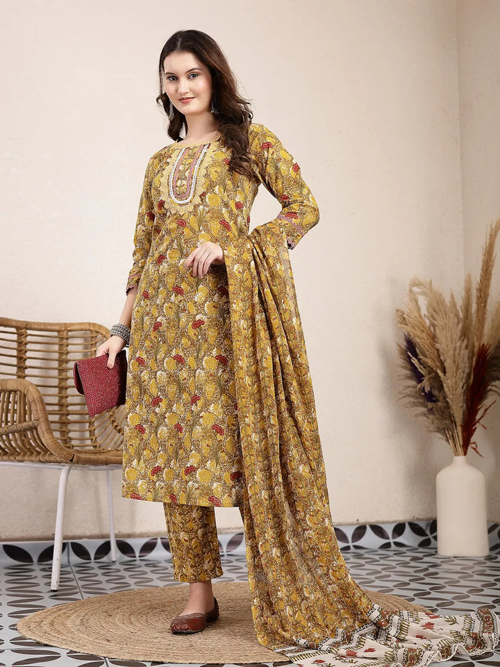 Mustard Pure Cotton Lace Work On Yoke Straight Kurta Dupatta Pant Set-Yufta Store-6437SKDMSM