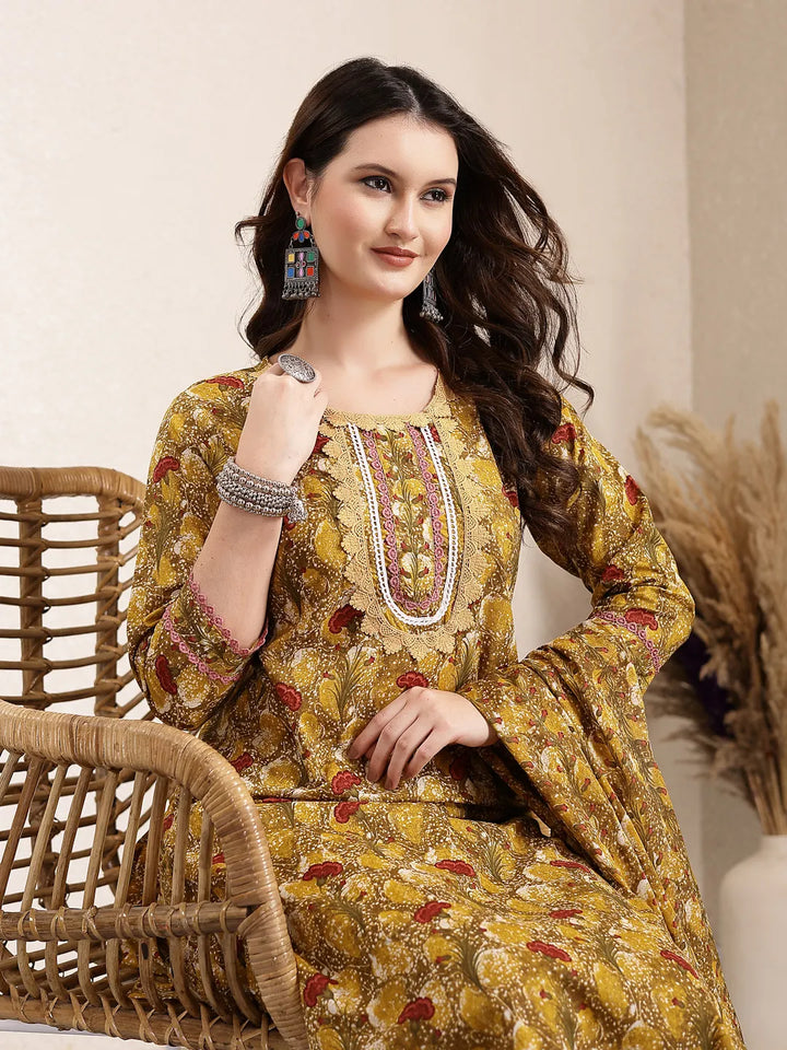 Mustard Pure Cotton Lace Work On Yoke Straight Kurta Dupatta Pant Set-Yufta Store-6437SKDMSM