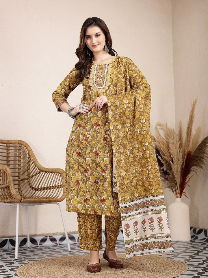 Mustard Pure Cotton Lace Work On Yoke Straight Kurta Dupatta Pant Set-Yufta Store-6437SKDMSM