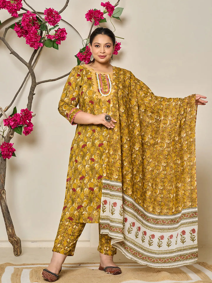 Mustard Pure Cotton Lace Work On Yoke Straight Plus Size Kurta Dupatta Pant Set