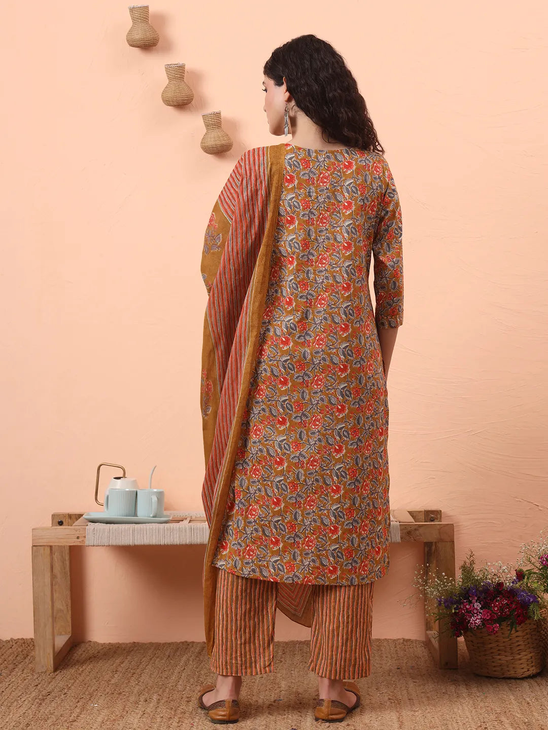 Mustard Pure Cotton Mirror Work Kurta Dupatta Pant Set-Yufta Store-6546SKDMSM