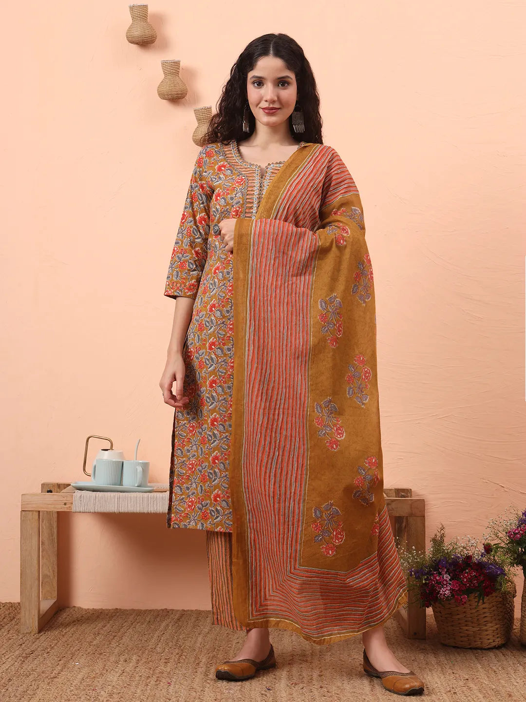 Mustard Pure Cotton Mirror Work Kurta Dupatta Pant Set-Yufta Store-6546SKDMSM