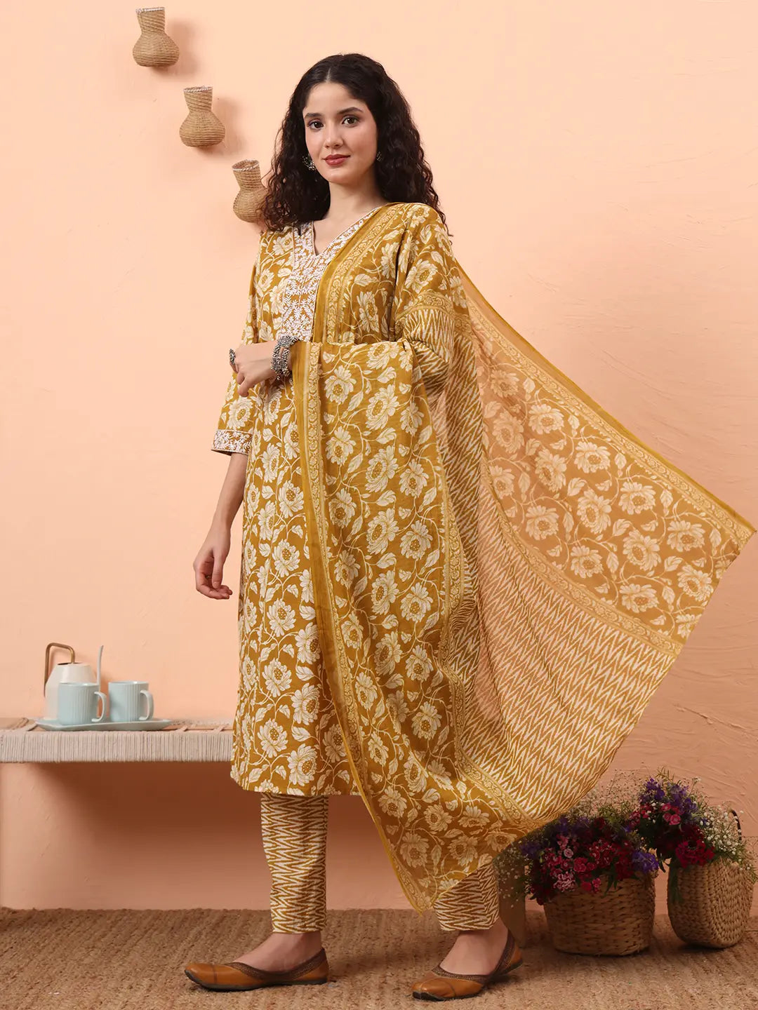 Mustard Pure Cotton Straight Floral Kantha Work Kurta Pant Set-Yufta Store-6461SKDMSM