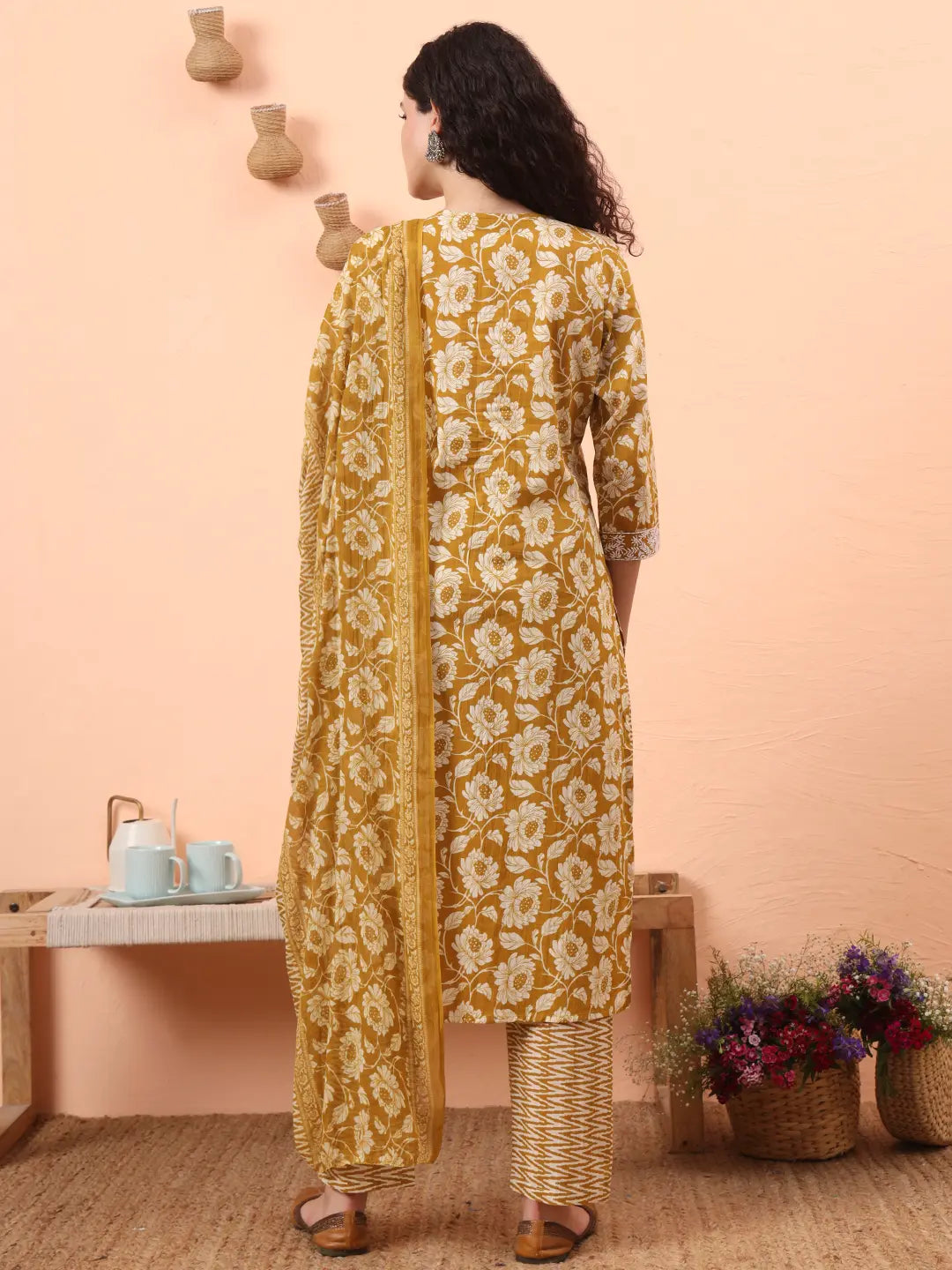 Mustard Pure Cotton Straight Floral Kantha Work Kurta Pant Set-Yufta Store-6461SKDMSM