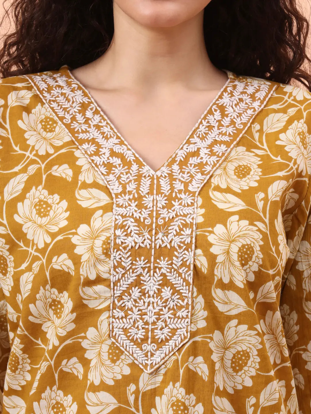 Mustard Pure Cotton Straight Floral Kantha Work Kurta Pant Set-Yufta Store-6461SKDMSM