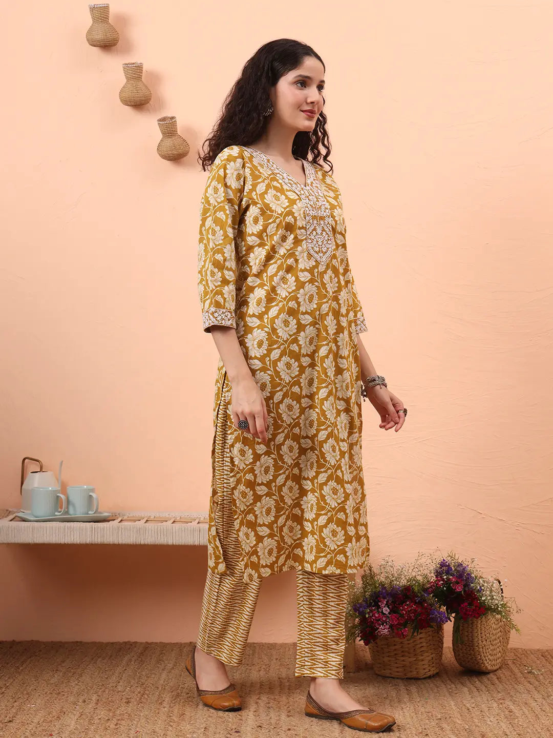 Mustard Pure Cotton Straight Floral Kantha Work Kurta Pant Set-Yufta Store-6461SKDMSM