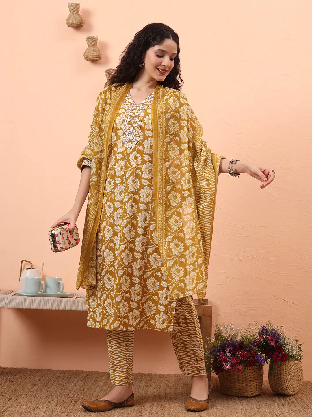 Mustard Pure Cotton Straight Floral Kantha Work Kurta Pant Set-Yufta Store-6461SKDMSM