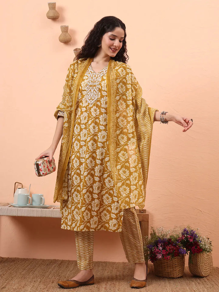 Mustard Pure Cotton Straight Floral Kantha Work Kurta Pant Set-Yufta Store-6461SKDMSM
