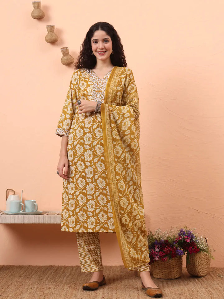 Mustard Pure Cotton Straight Floral Kantha Work Kurta Pant Set-Yufta Store-6461SKDMSM