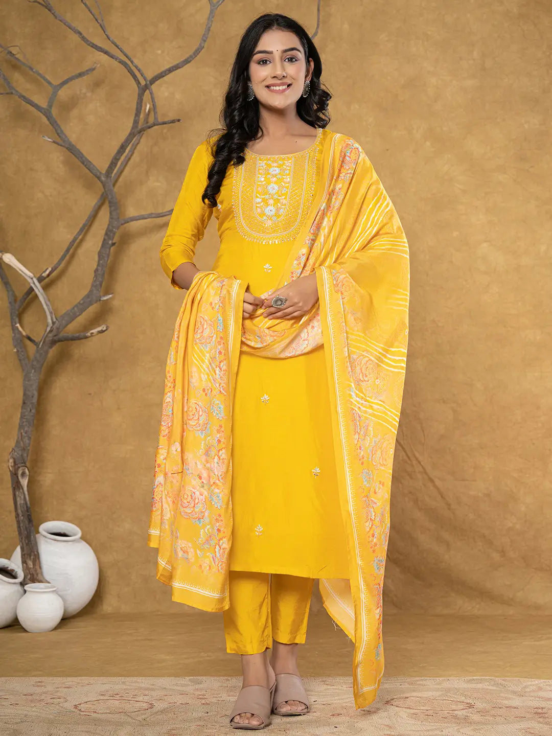 Mustard Silk Beads And Stones,Sequins_Work Kurta Dupatta Set-Yufta Store-7066SKDMSS