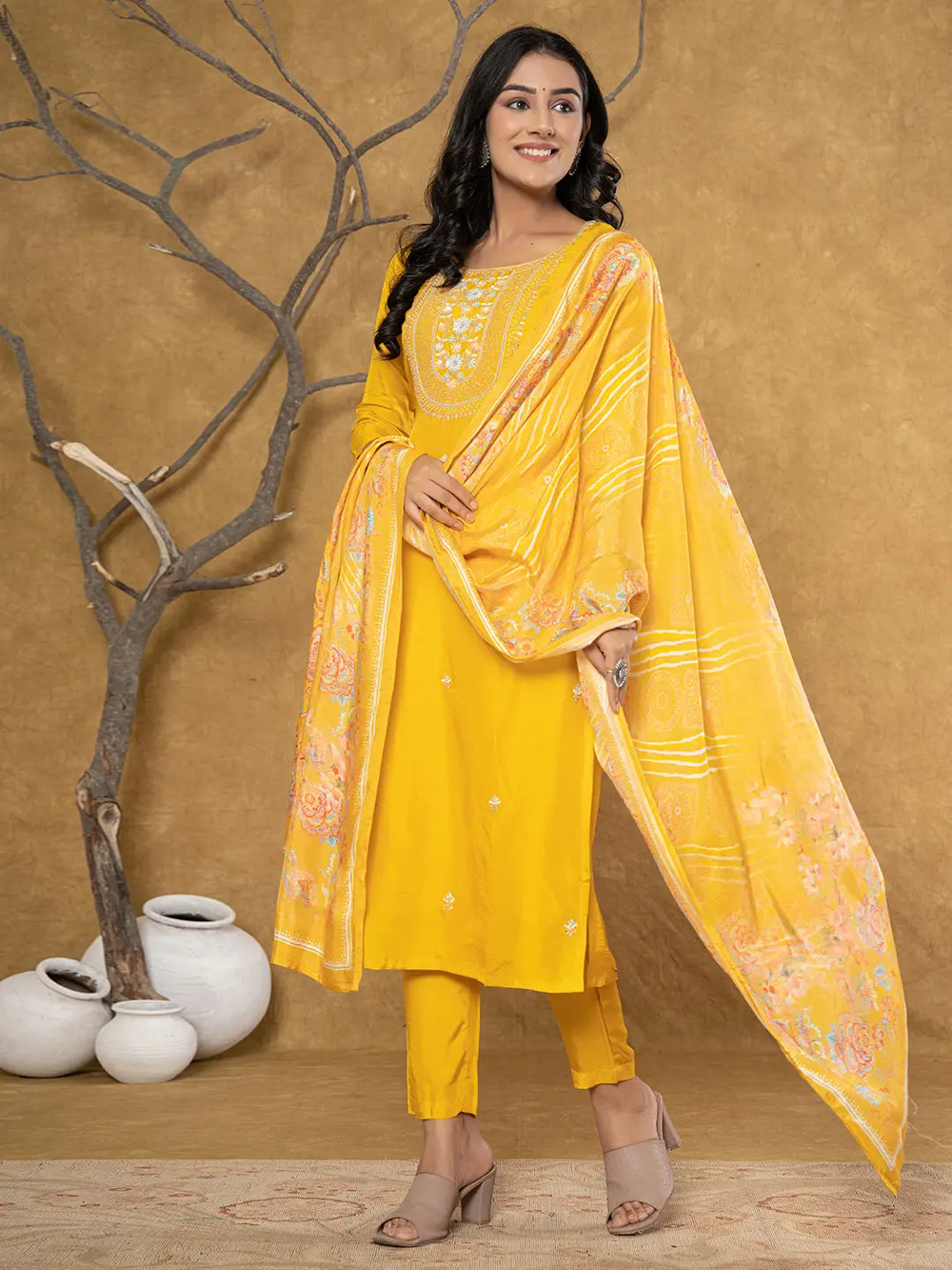 Mustard Silk Beads And Stones,Sequins_Work Kurta Dupatta Set-Yufta Store-7066SKDMSS