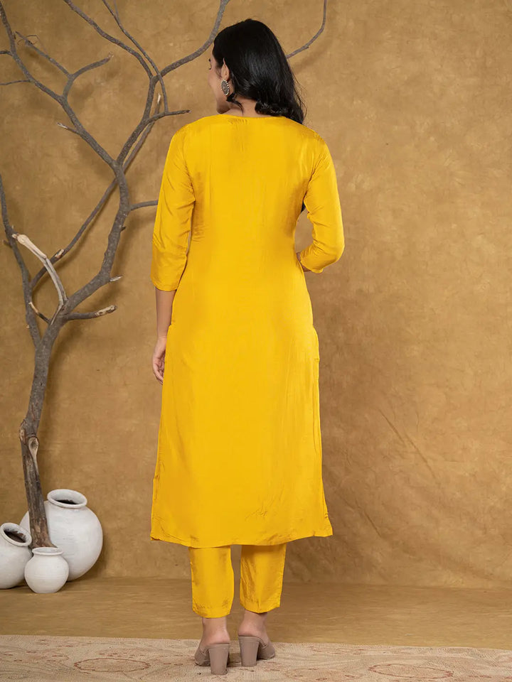 Mustard Silk Beads And Stones,Sequins_Work Kurta Dupatta Set-Yufta Store-7066SKDMSS