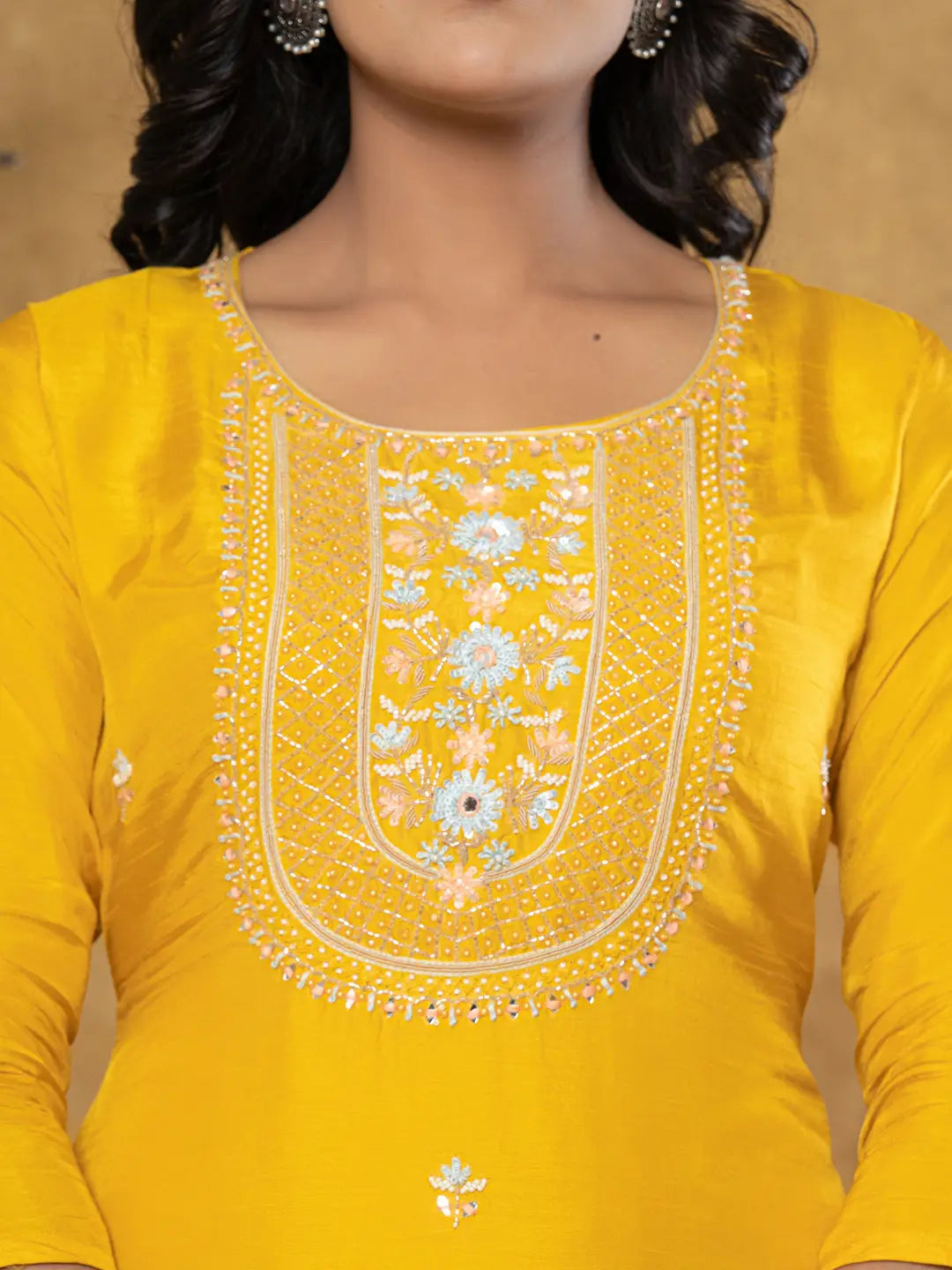 Mustard Silk Beads And Stones,Sequins_Work Kurta Dupatta Set-Yufta Store-7066SKDMSS