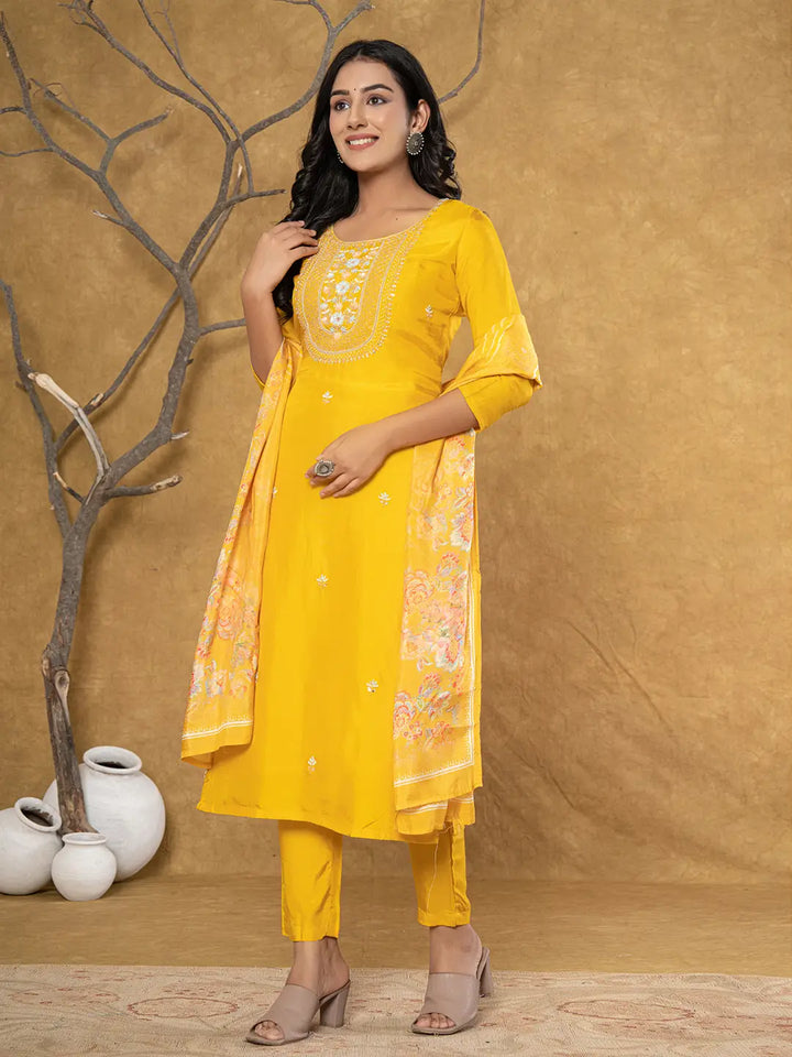 Mustard Silk Beads And Stones,Sequins_Work Kurta Dupatta Set-Yufta Store-7066SKDMSS