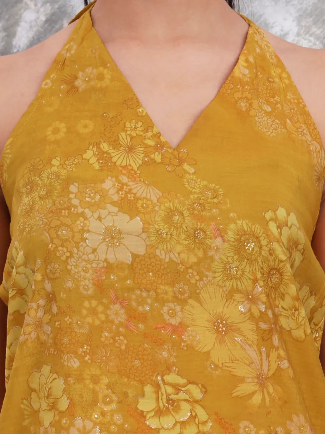 Mustard Silk Blend Halter Neck Kurta Palazoo Set