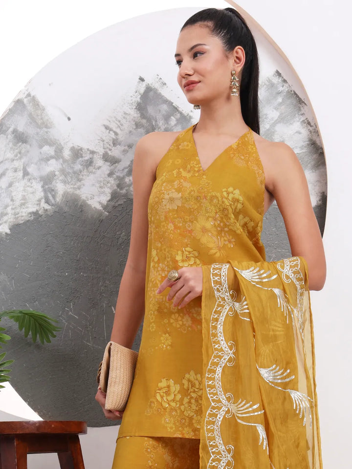 Mustard Silk Blend Halter Neck Kurta Palazoo Set