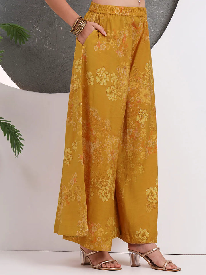 Mustard Silk Blend Halter Neck Kurta Palazoo Set