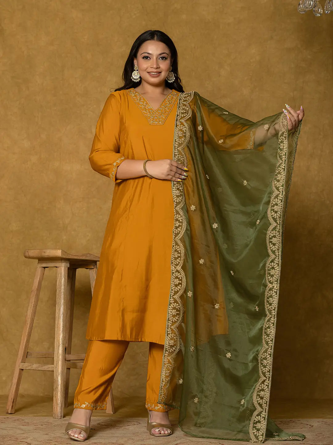 Mustard Silk Embroidered Plus Size Kurta Dupatta Set-Yufta Store-7175PSKDMS3XL