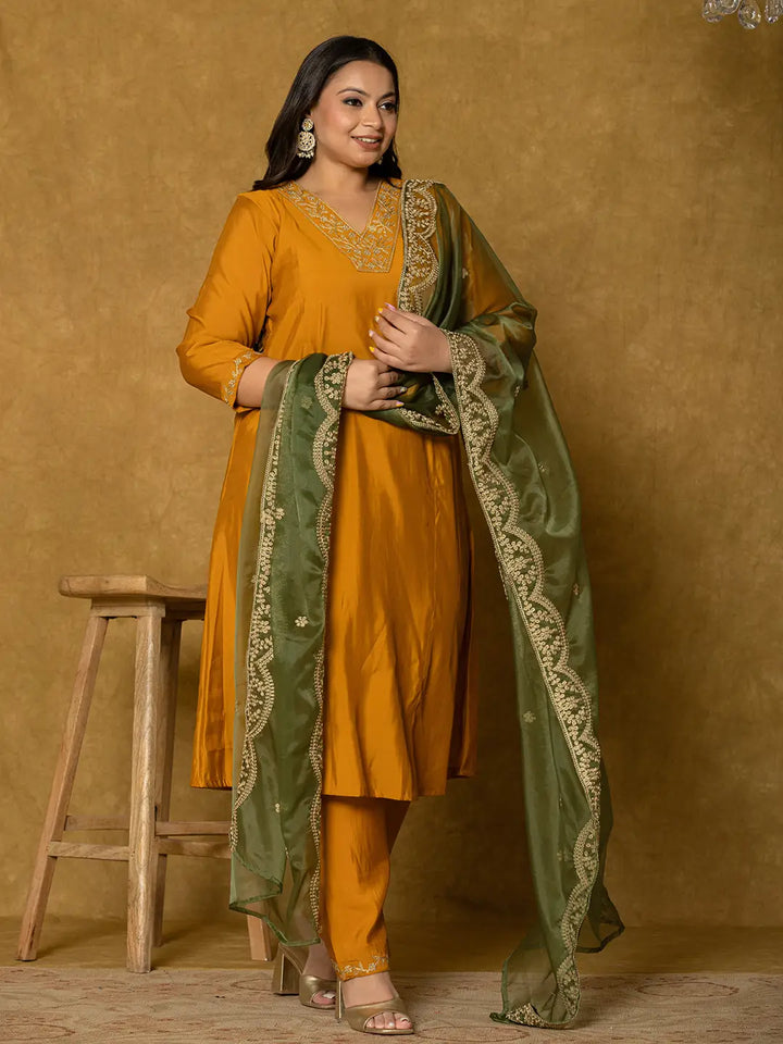 Mustard Silk Embroidered Plus Size Kurta Dupatta Set-Yufta Store-7175PSKDMS3XL