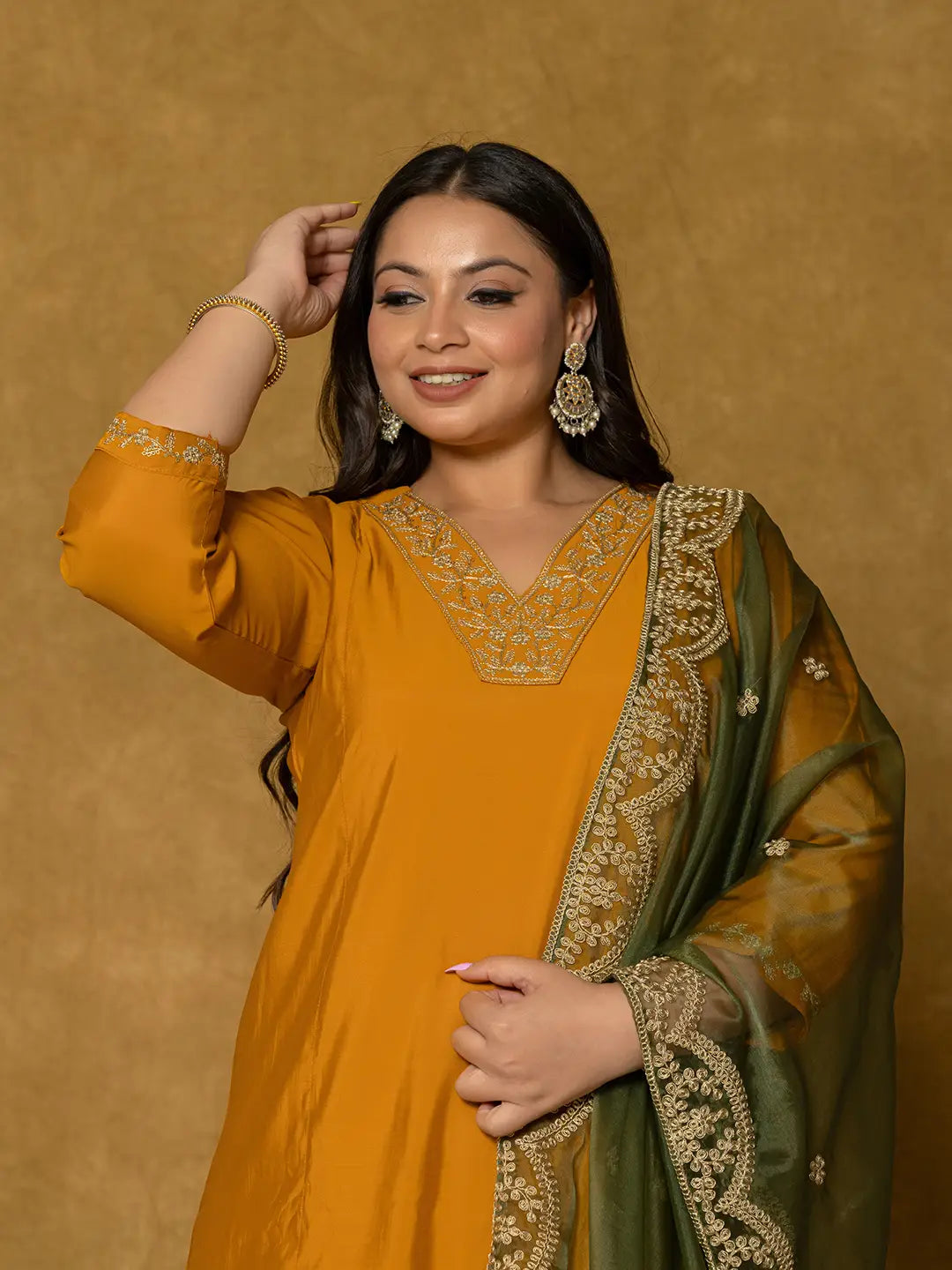 Mustard Silk Embroidered Plus Size Kurta Dupatta Set-Yufta Store-7175PSKDMS3XL