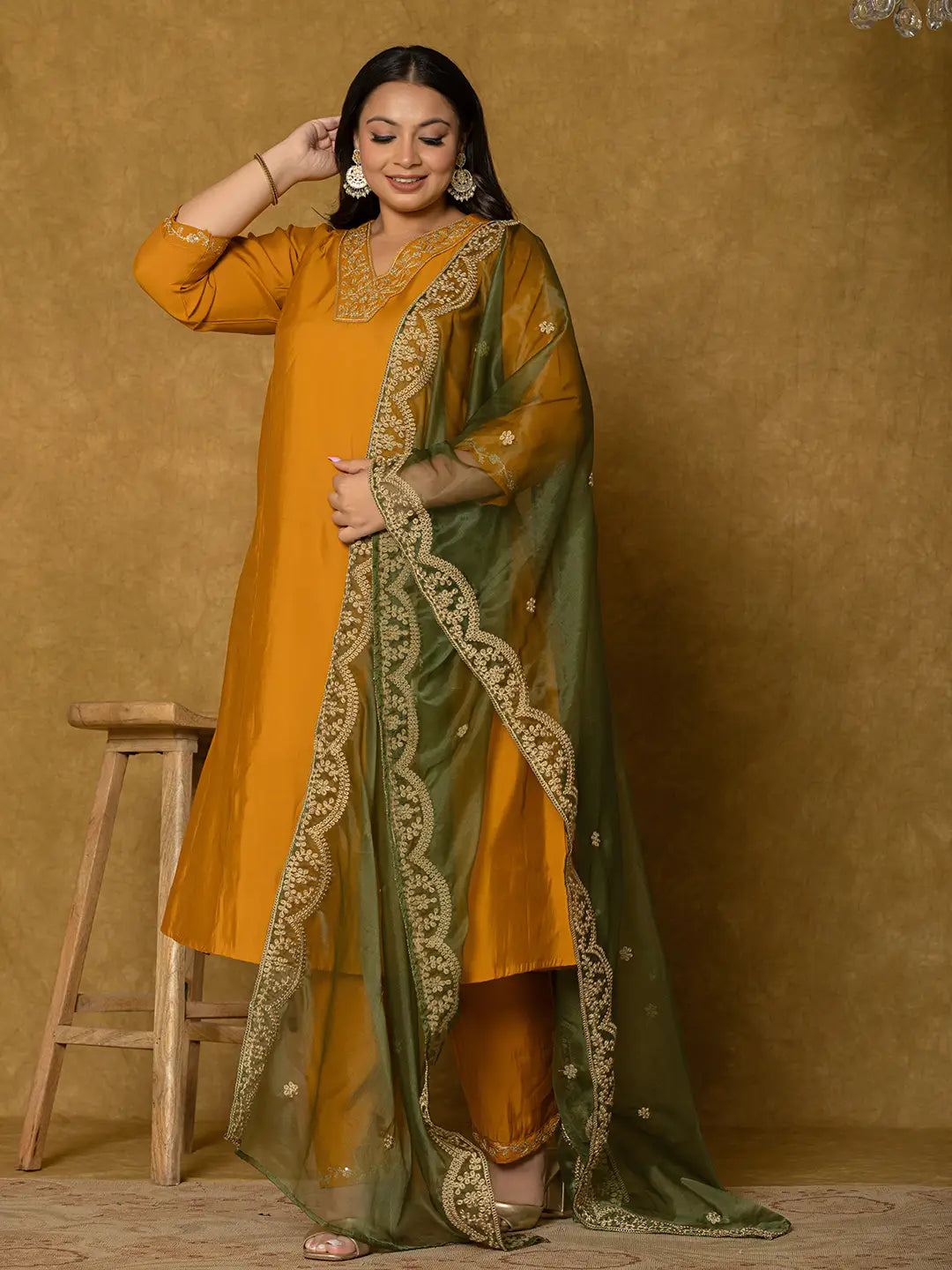 Mustard Silk Embroidered Plus Size Kurta Dupatta Set-Yufta Store-7175PSKDMS3XL