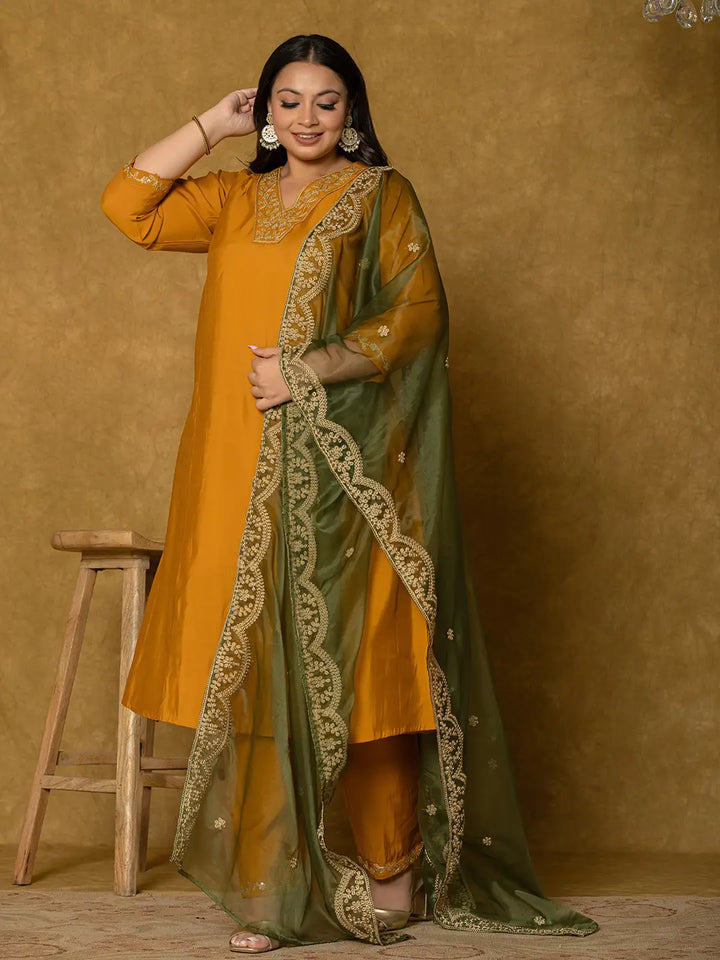 Mustard Silk Embroidered Plus Size Kurta Dupatta Set-Yufta Store-7175PSKDMS3XL