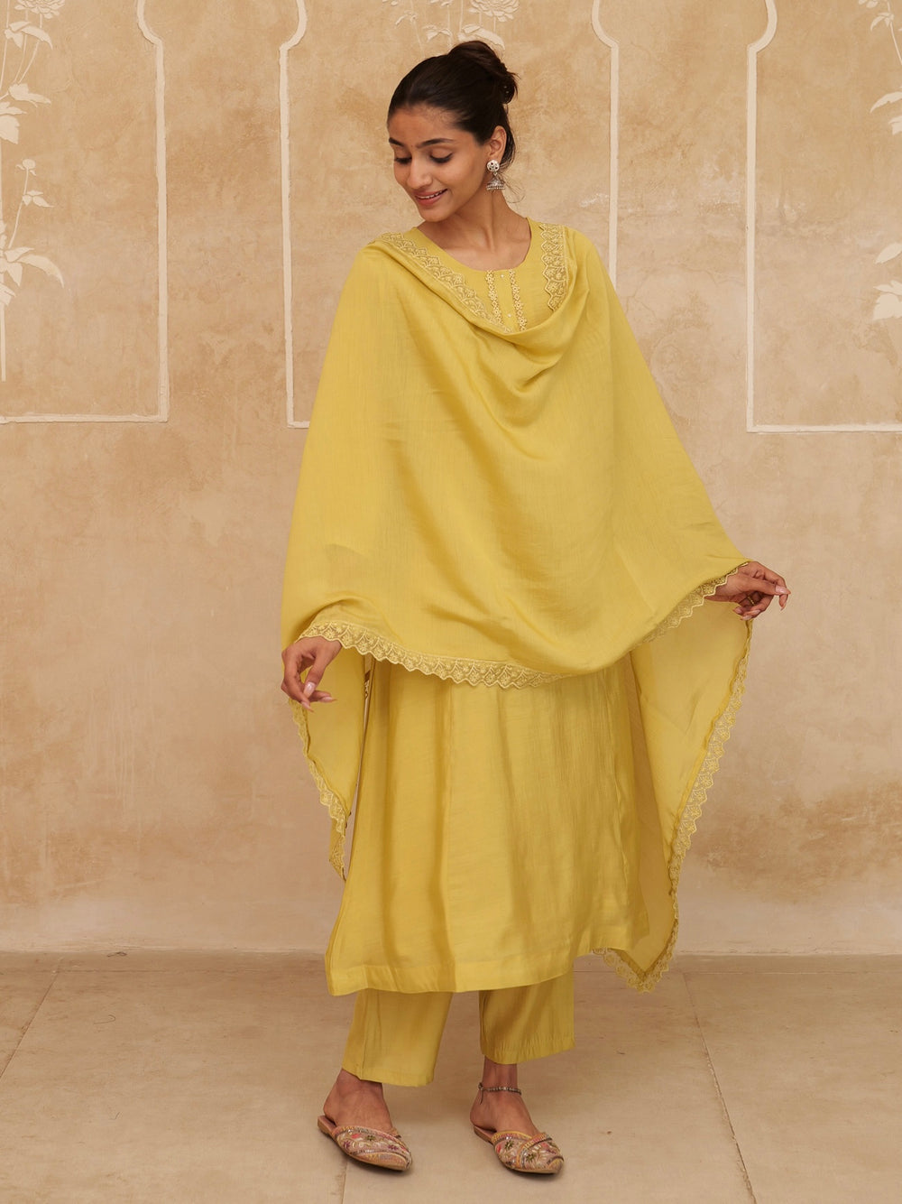 Mustard Solid A-Line Design Lining Kurta Trouser Dupatta Set-Yufta Store-7465SKDMSM