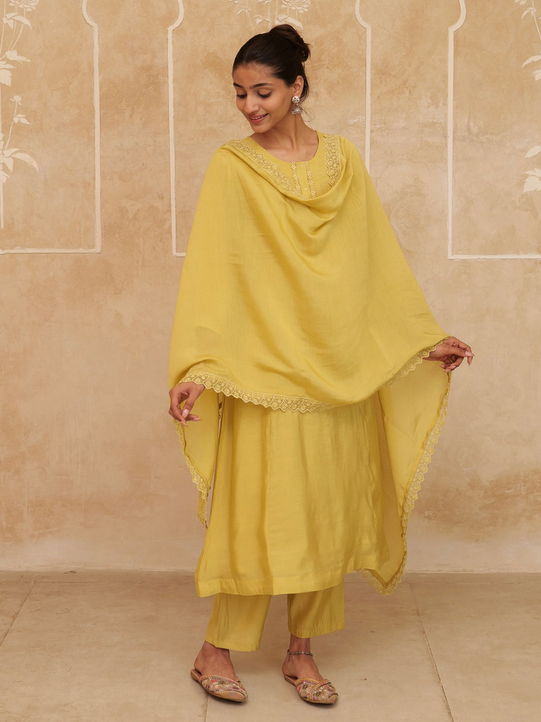 Mustard Solid A-Line Design Lining Kurta Trouser Dupatta Set-Yufta Store-7465SKDMSM